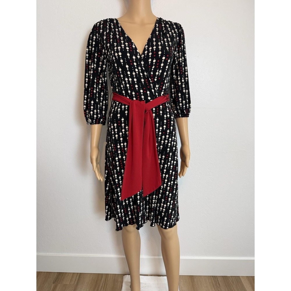 Vintage 90s A Byer Polka Dot Wrap Dress Red Black Midi 3/4 Sleeve Belted Small